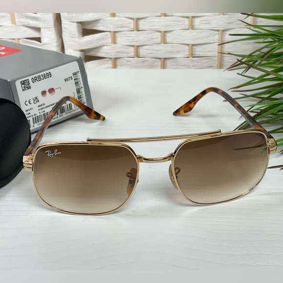 Ray-Ban Square Polished Arista Gold Sunglasses Clear Gradient Brown Lenses - Picture 4 of 9